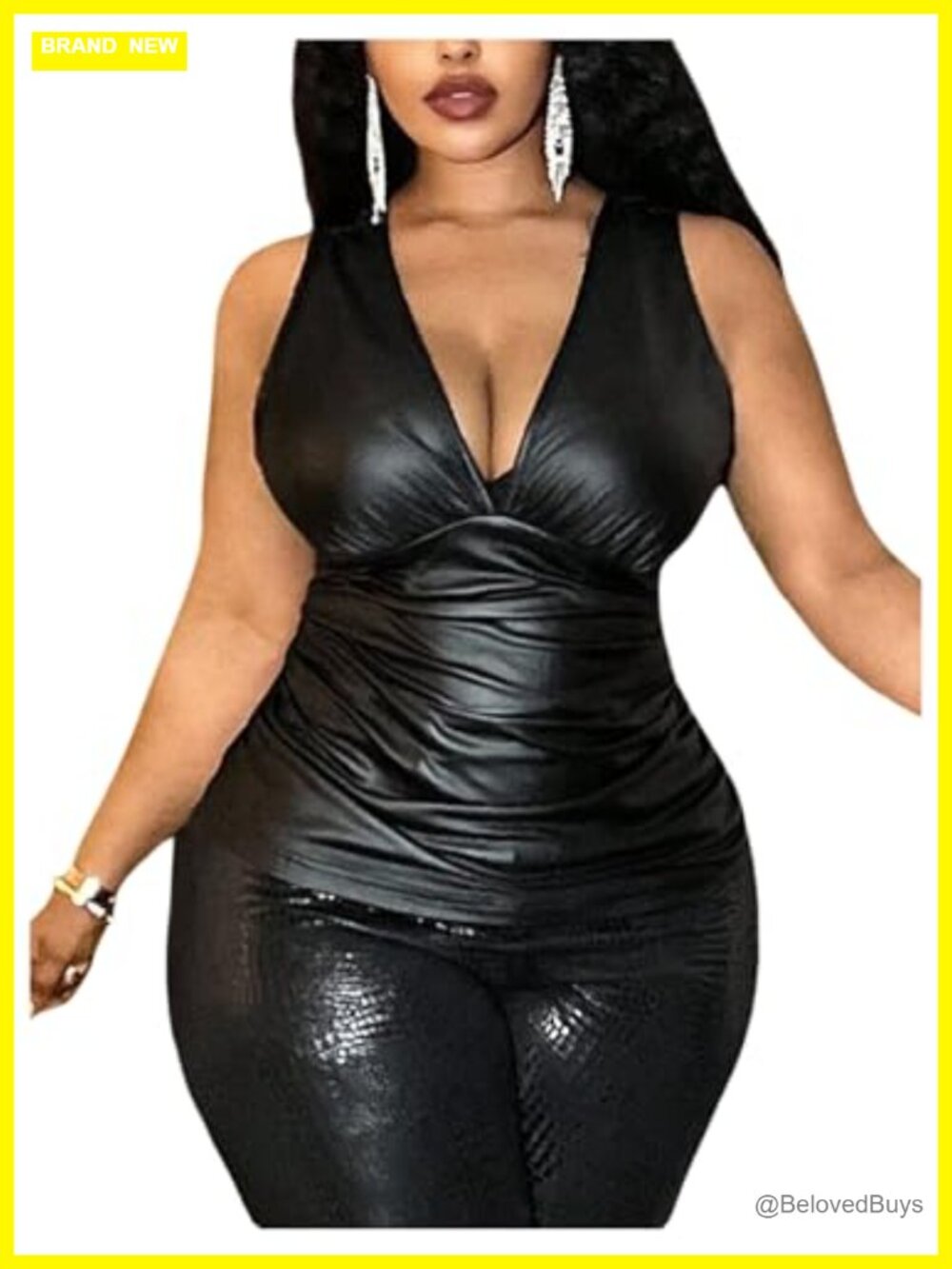 Plus Size Faux Leather V Neck Tank Top Ruched Party Club
